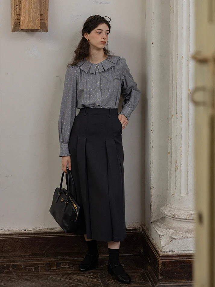 Ruffled Collar Classic Checkered Cotton Blouse