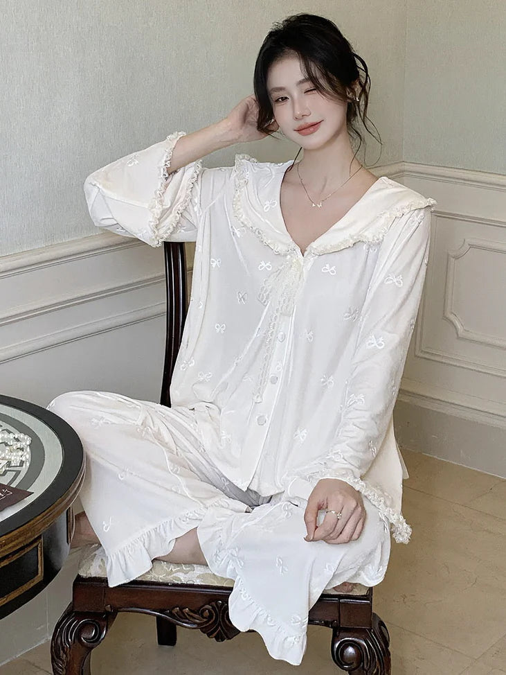 Whimsical Bow Lace Trim Loungewear Set