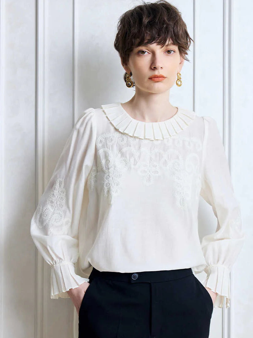 Pleated Collar Embroidered Blouse