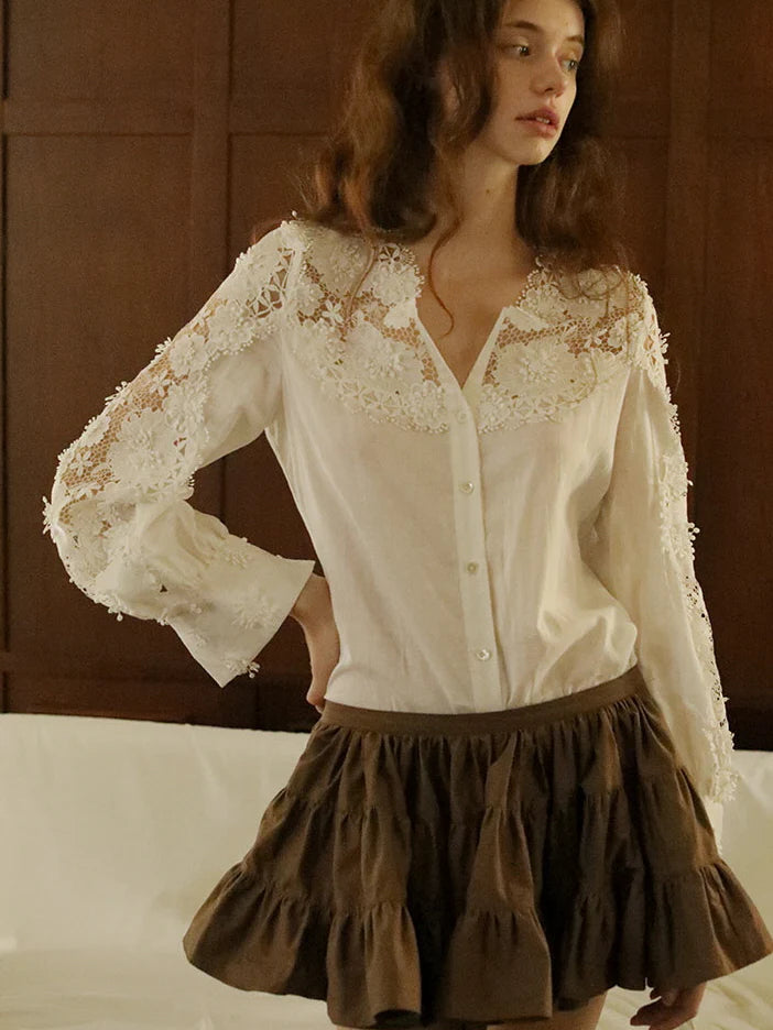 Ethereal Lace Trim Linen-Cotton Blouse