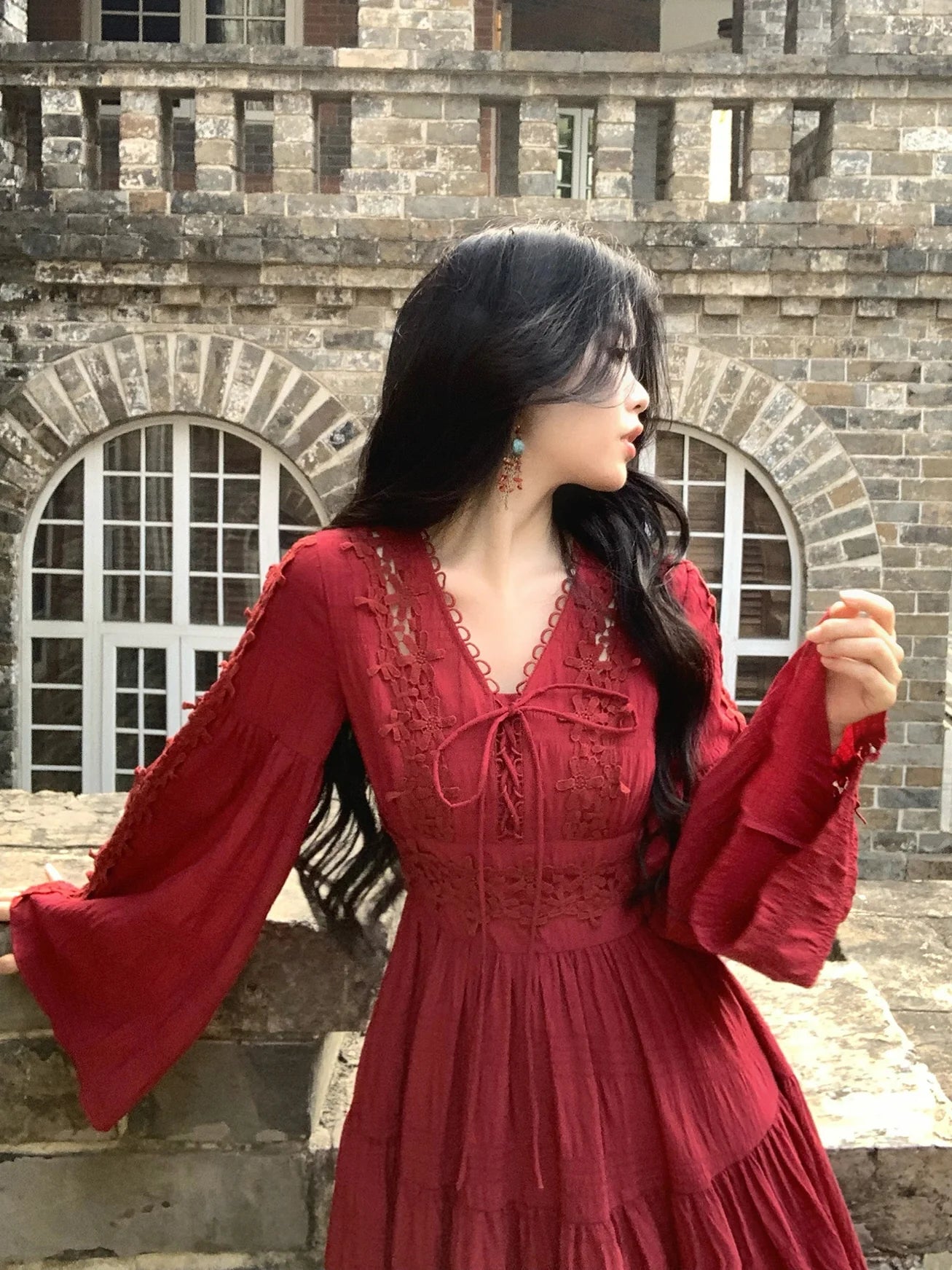 Ruby Elegance Lace-Up Maxi Dress