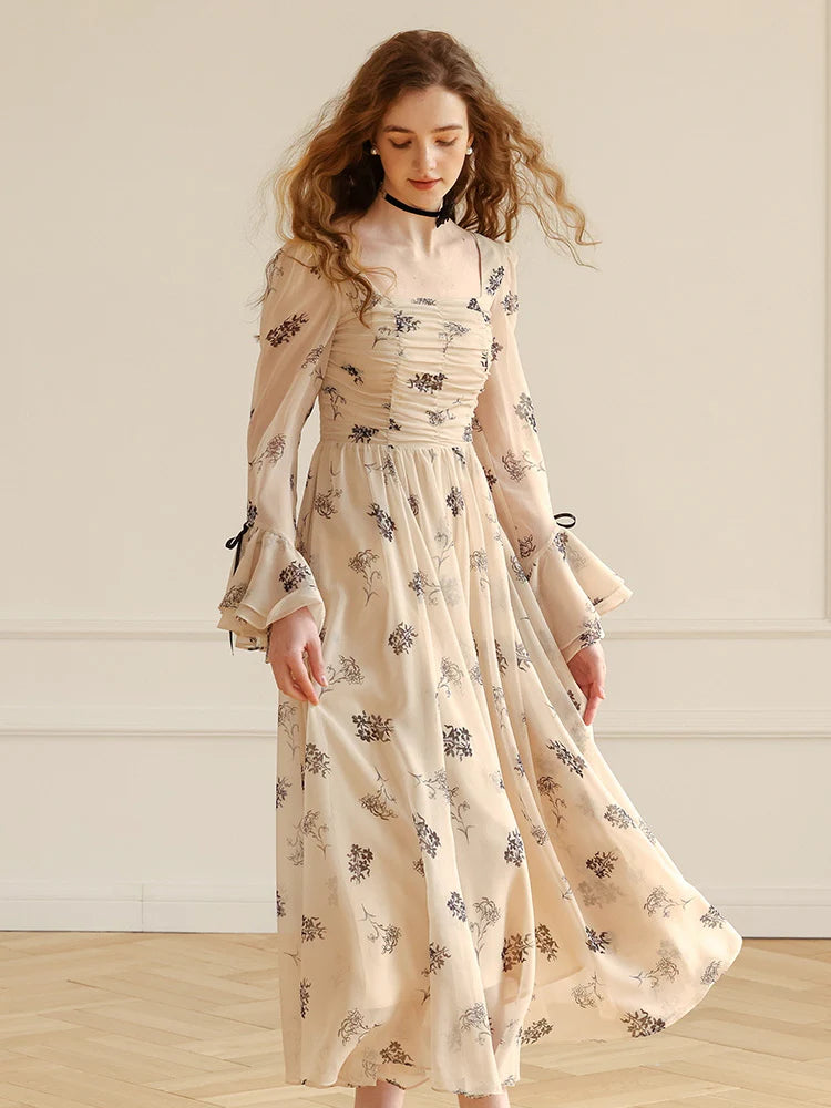 Enchanted Garden Long Beige Floral Dress