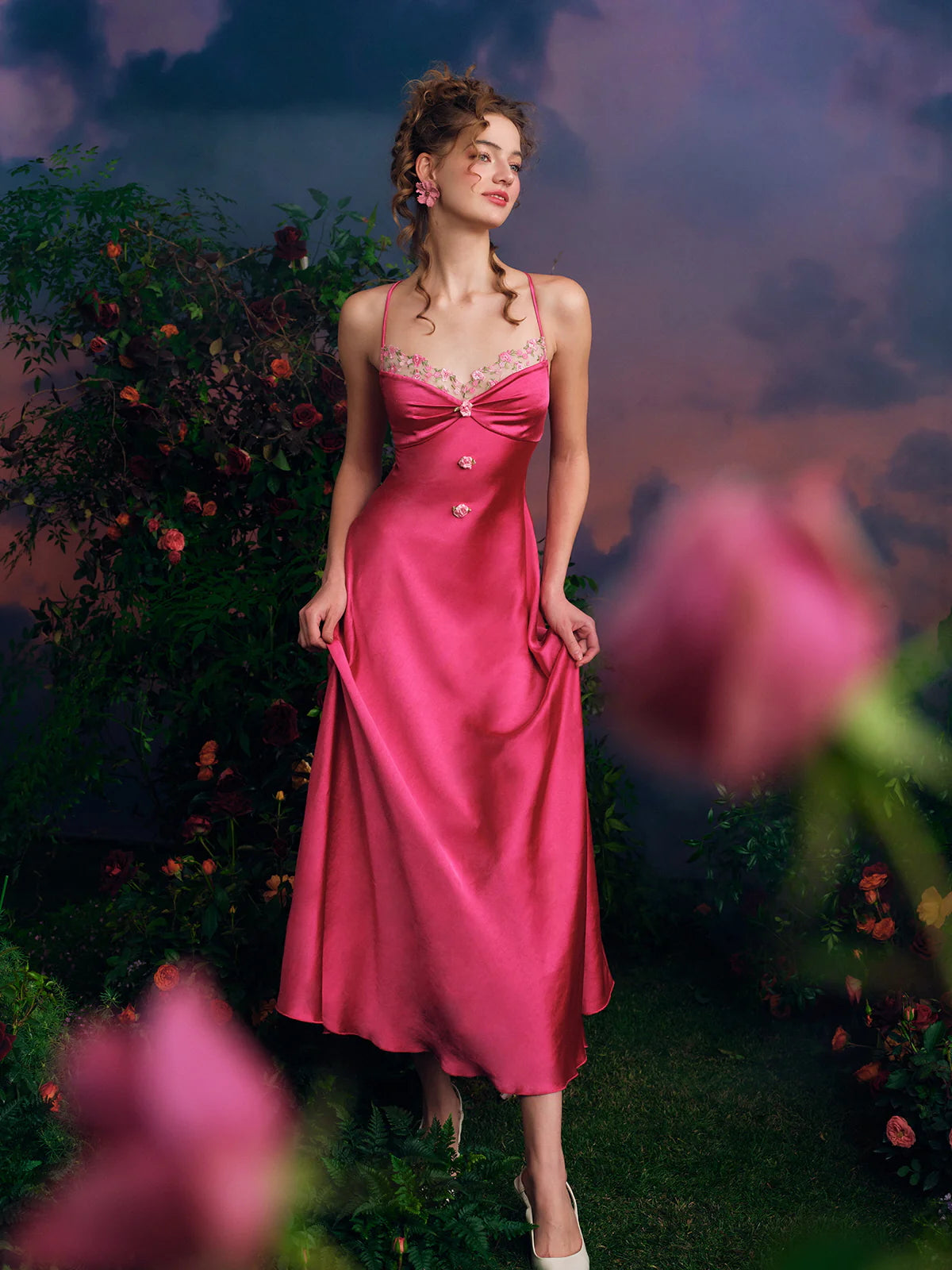 Embroidered Rose Satin Slip Dress