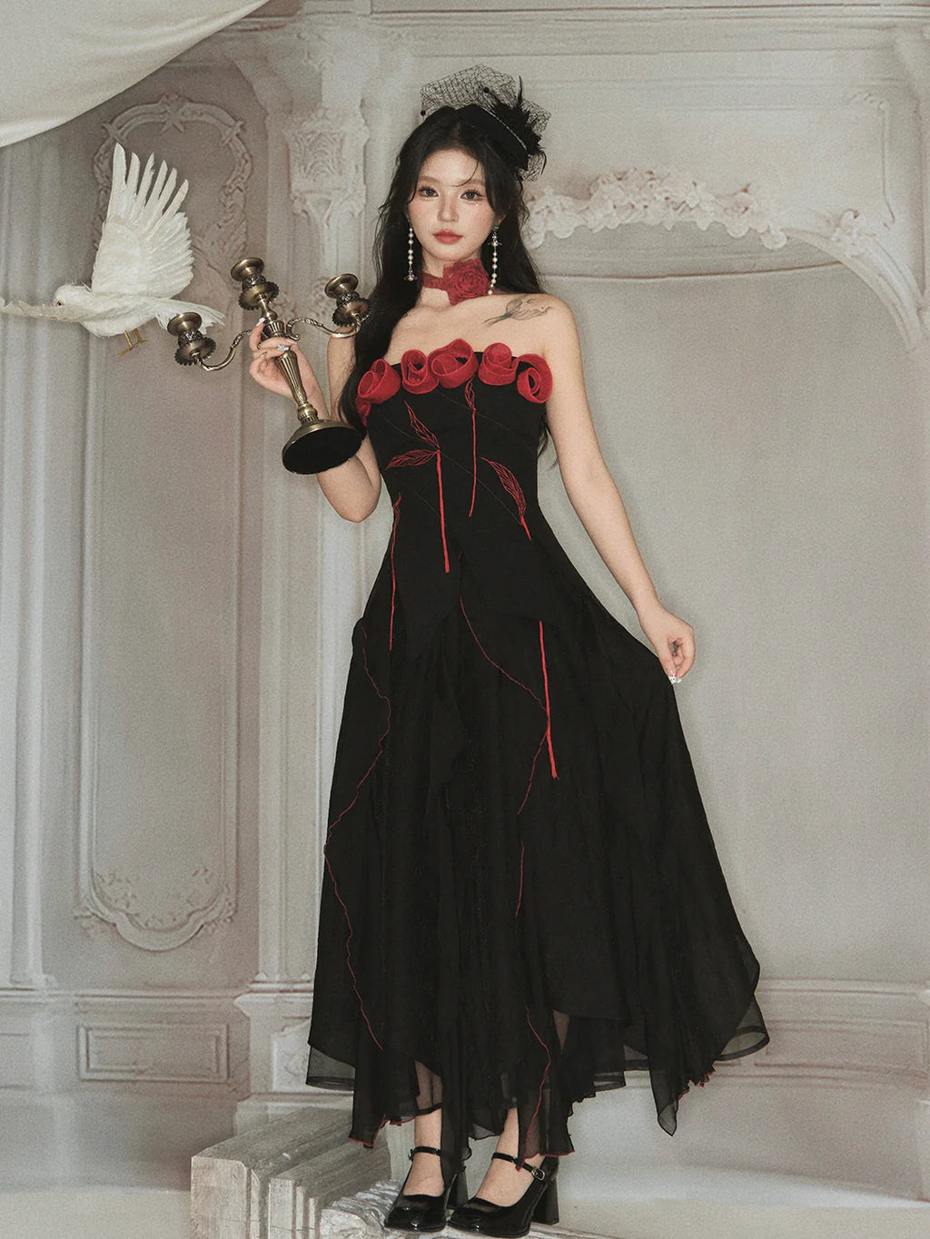 Enchanted Rose Embroidered Corset & Flowing Chiffon Skirt