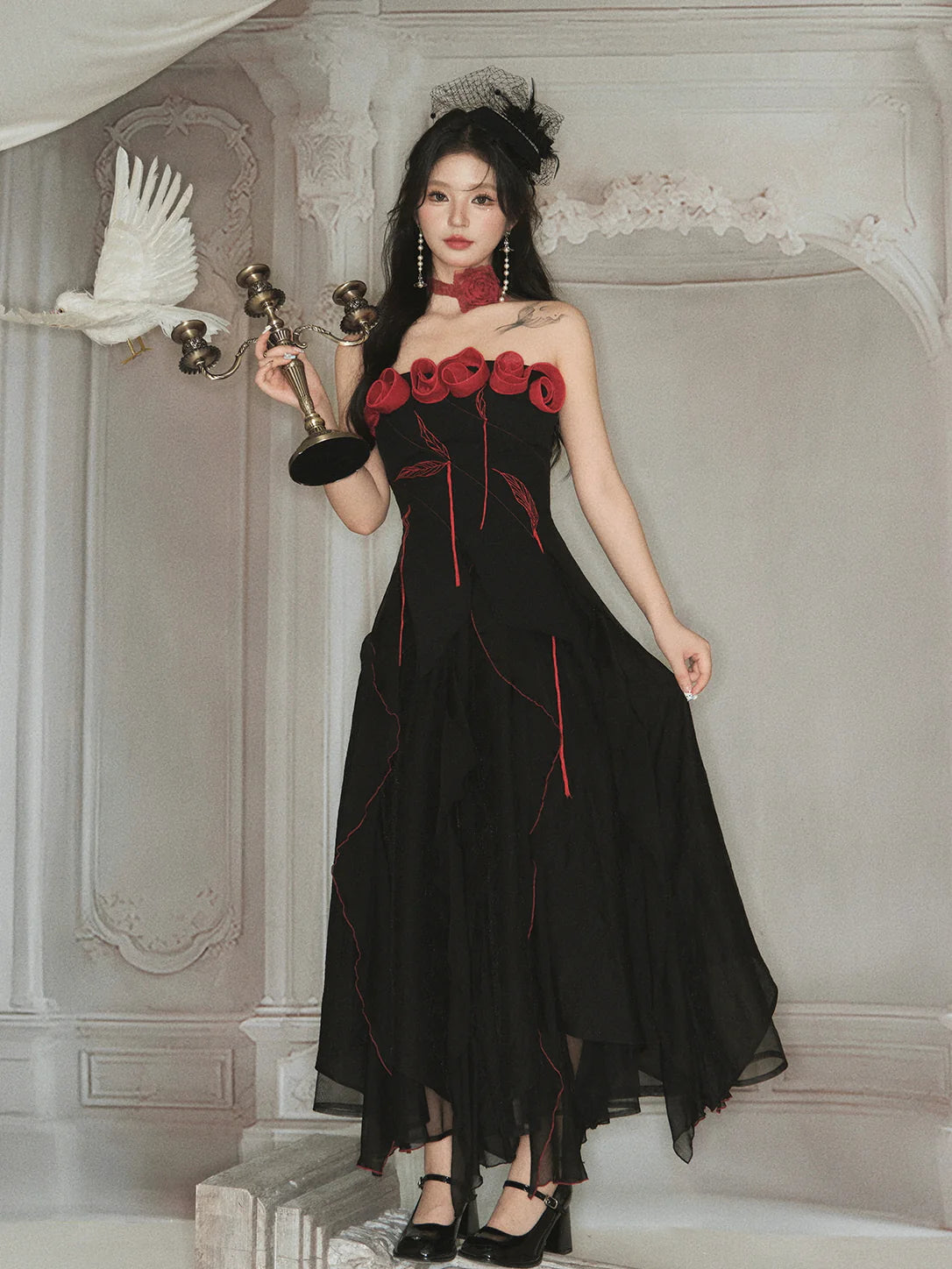 Enchanted Rose Embroidered Corset & Flowing Chiffon Skirt