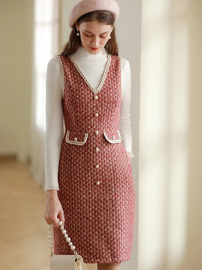 Elegant Red Tweed Pearl Button Dress