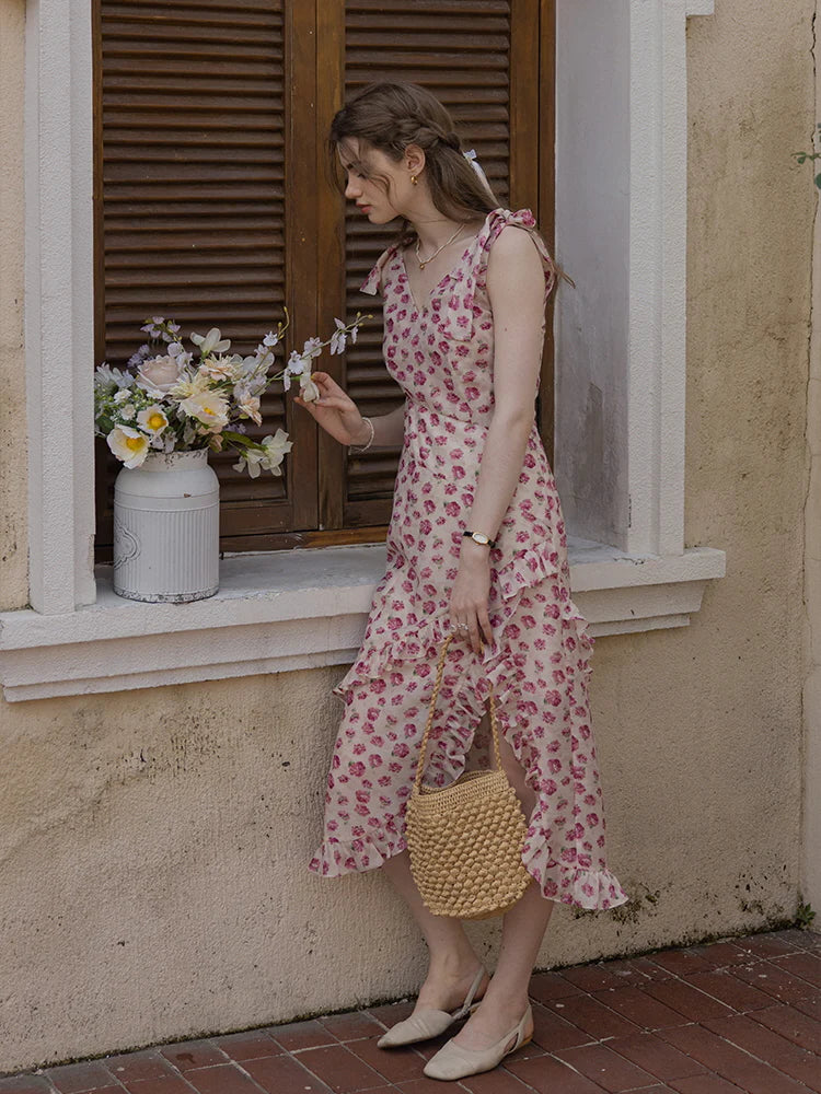 Romantic Rose Garden Ruffled Wrap Dress