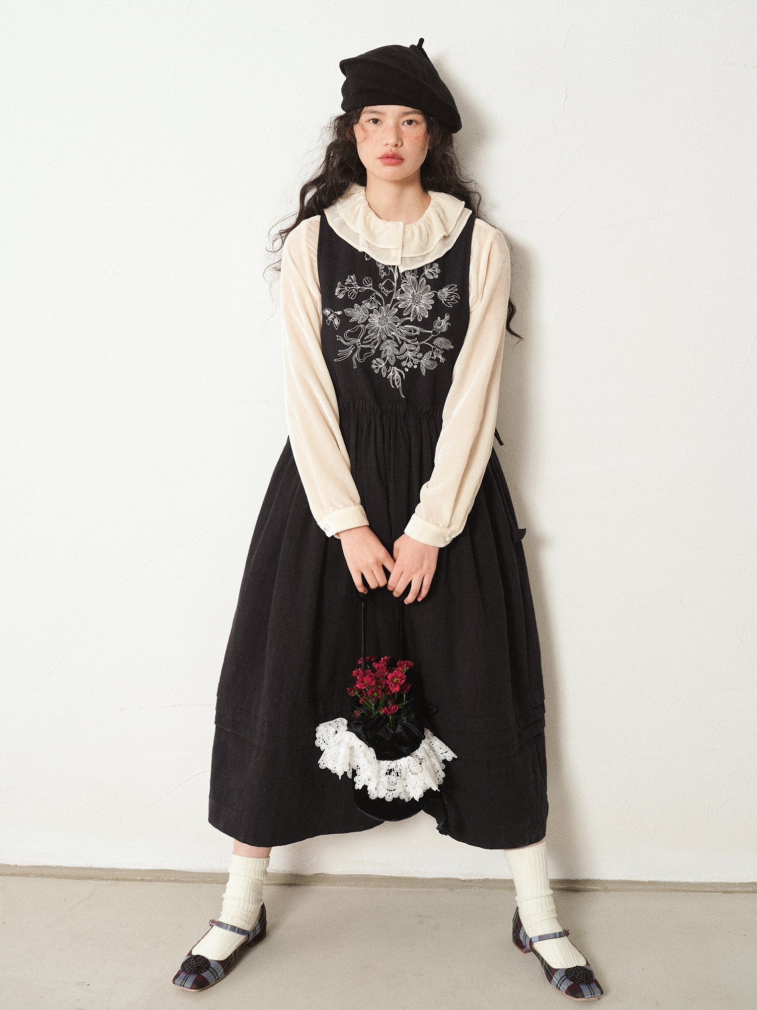 Vintage Velvet Blouse with Frilled Floral Collar