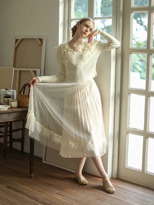 Dreamy Feather-Trim Pleated Skirt