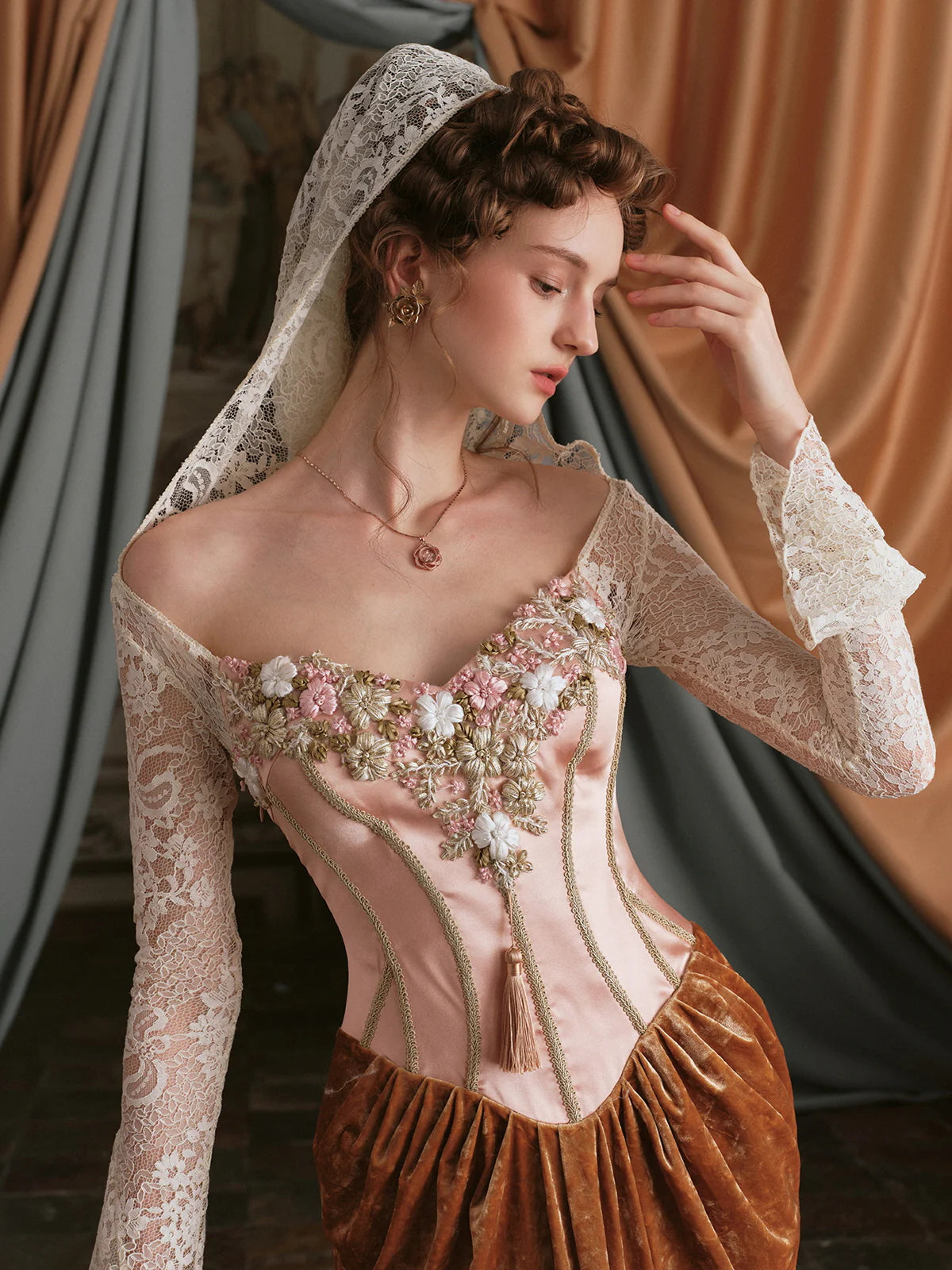 Vintage Floral Embroidered Velvet Dress