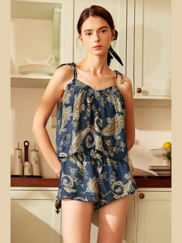 Navy Paisley Tie-Strap Loungewear Set