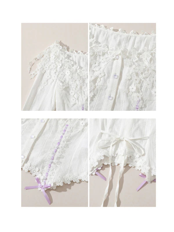 Lilac Ribbon Embroidered Lace Blouse