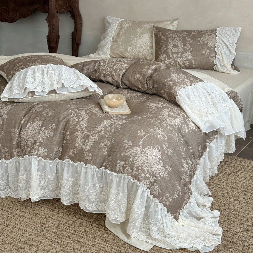Brown Floral Lace Ruffle Bedding Set