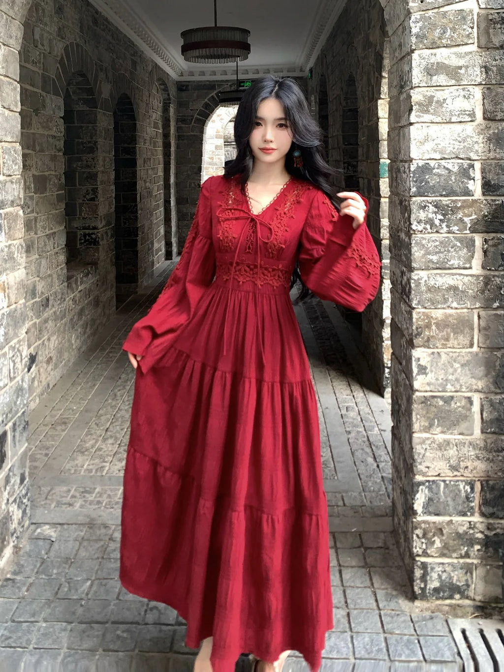 Ruby Elegance Lace-Up Maxi Dress