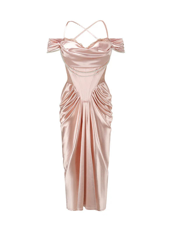 Opulent Pearl Drape Satin Corset Gown