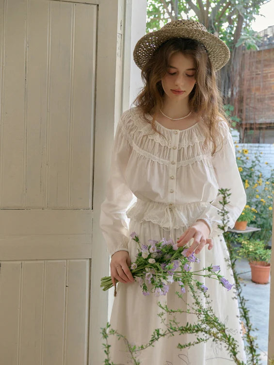 Cotton Vintage Embroidery Blouse & Skirt