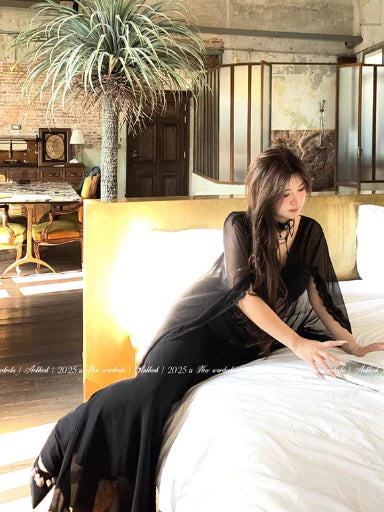 Ethereal Black Lace Drape Corset Gown