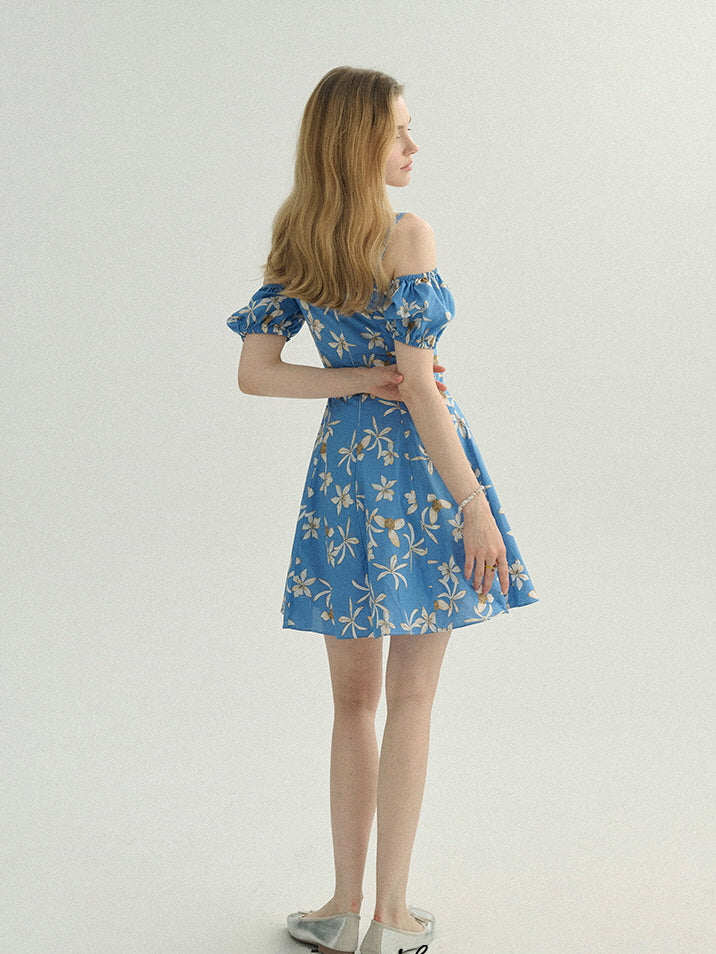 Blue Floral Off-Shoulder Summer Dress