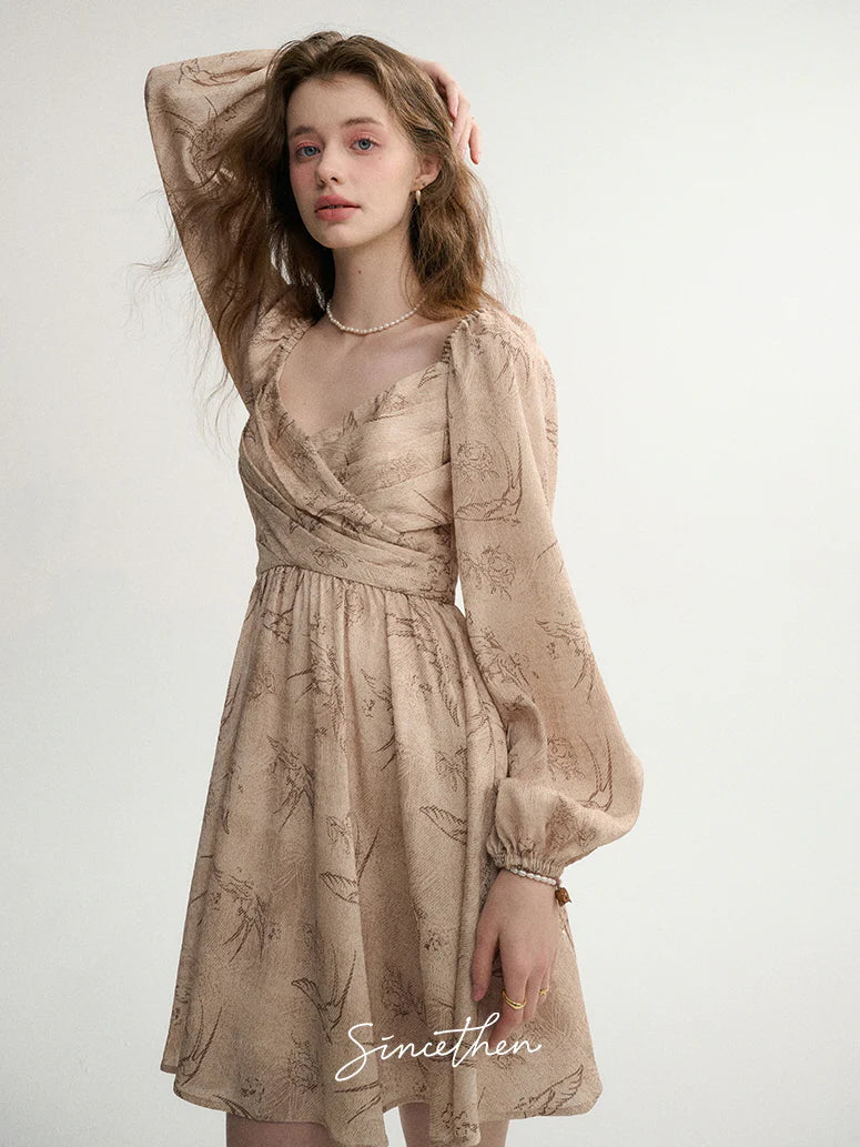 Vintage Botanical Puff-Sleeve Dress