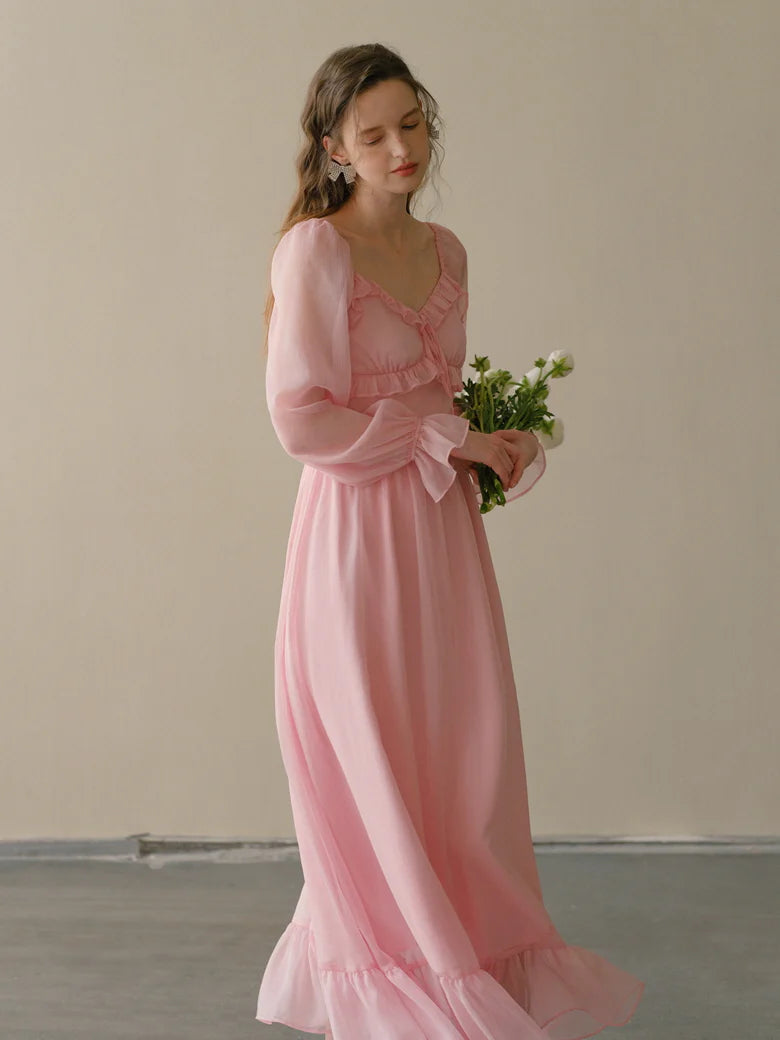 Blush Petal Frill Chiffon Dress