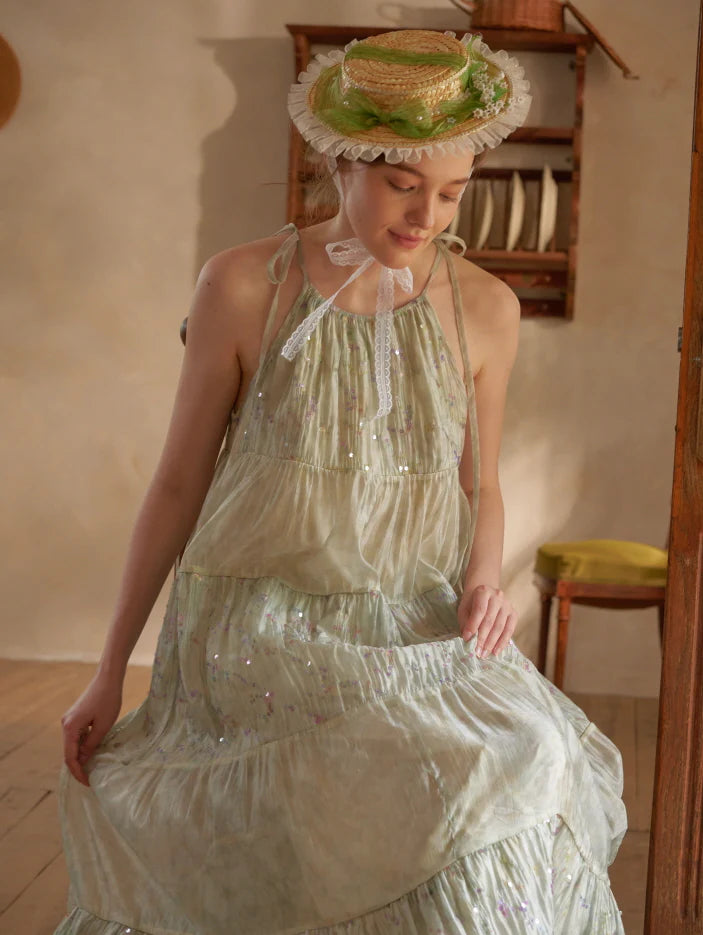 Pastel Green Floral Two-Piece Set – Sheer Cardigan & Tiered Dress