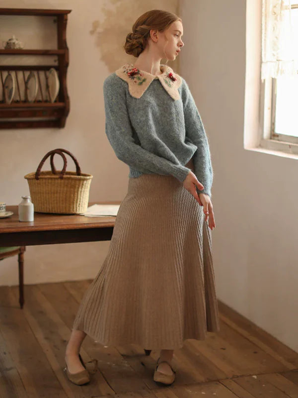 Simple Beige Pleated Wool Skirt