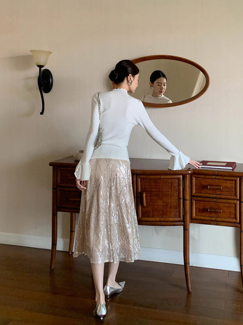 Champagne Sequin A-Line Skirt