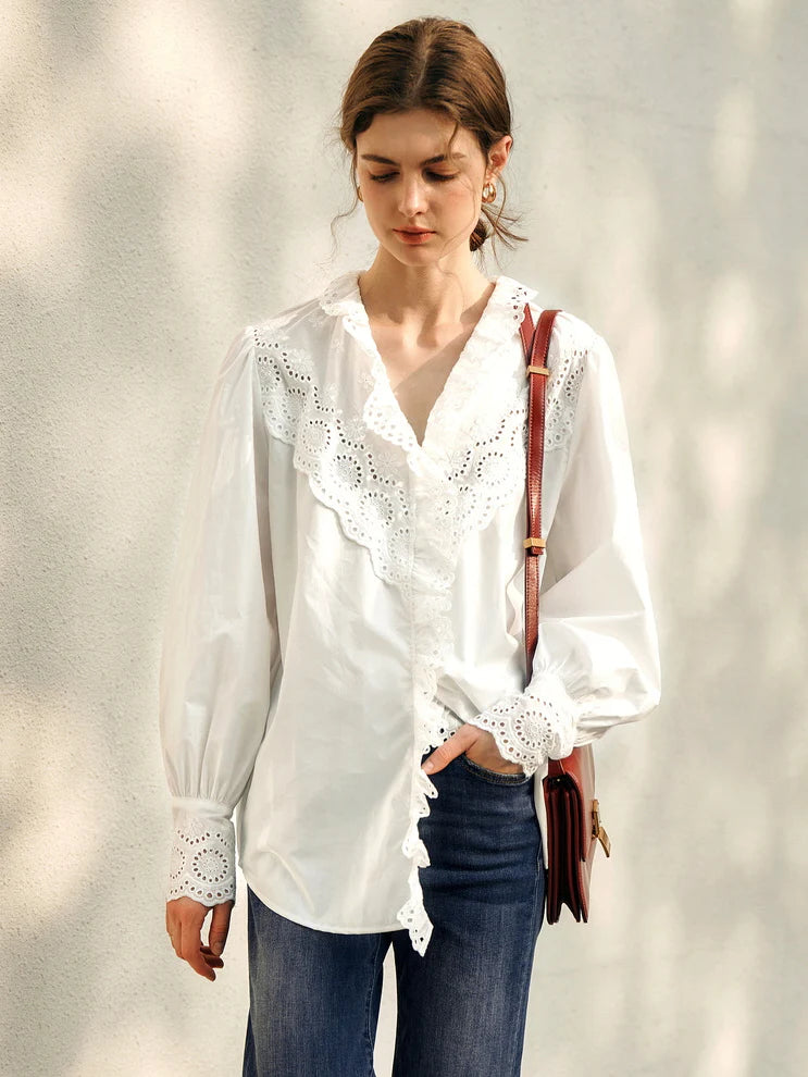 Vintage Eyelet Lace Ruffle Blouse
