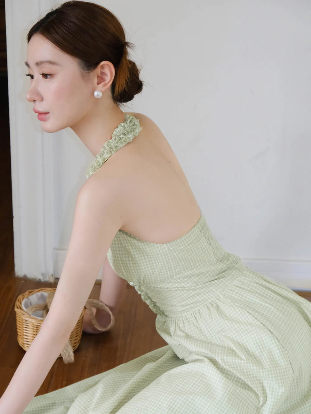 Romantic Green Gingham Halter Dress