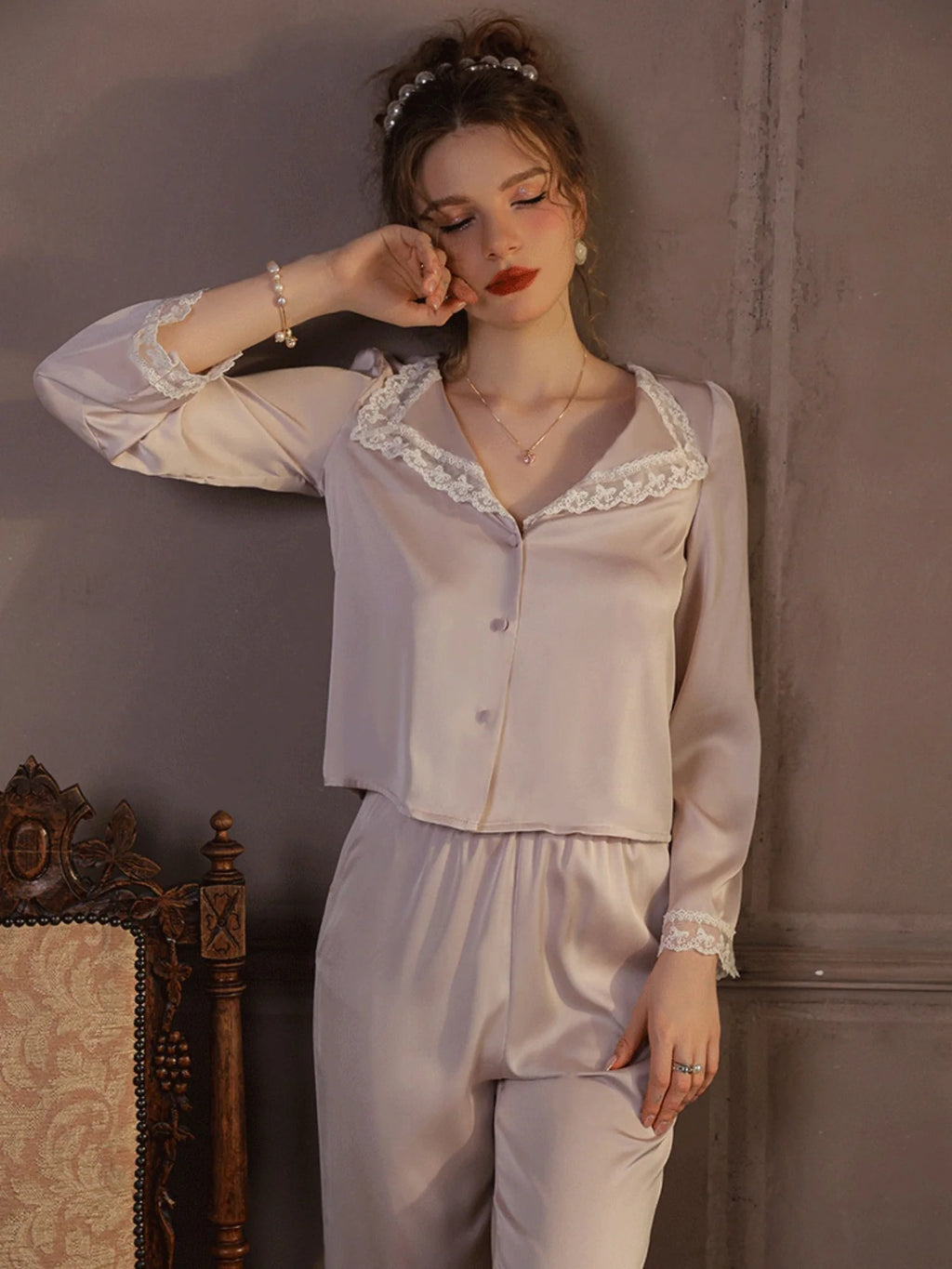 Elegant Lace Trim Loungewear Pajamas Set
