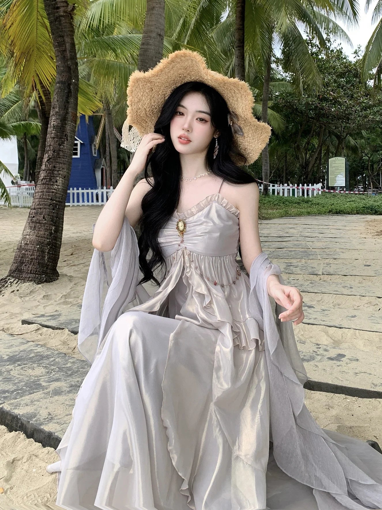 Vintage Brooch Elegance Ruffled Gown