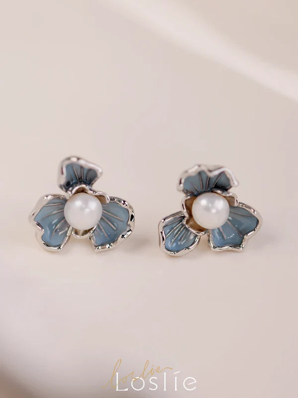 Natural Pearl Blue Flower Earrings