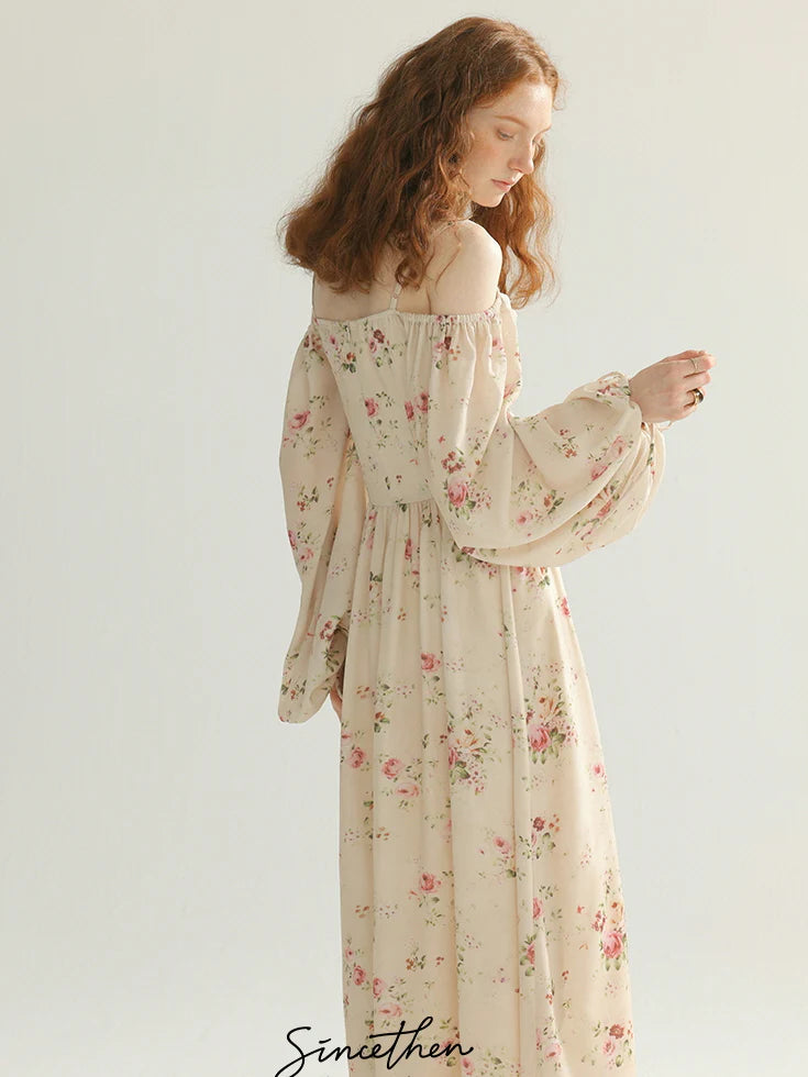 Vintage Rose Garden Off-Shoulder Dress