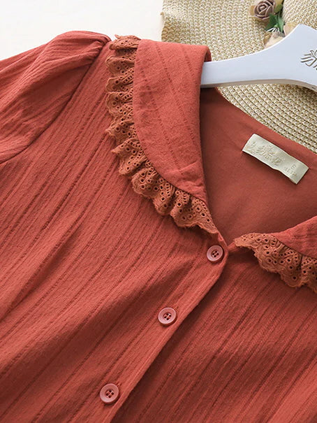 Lace-Trimmed Vintage Rust Cotton Dress