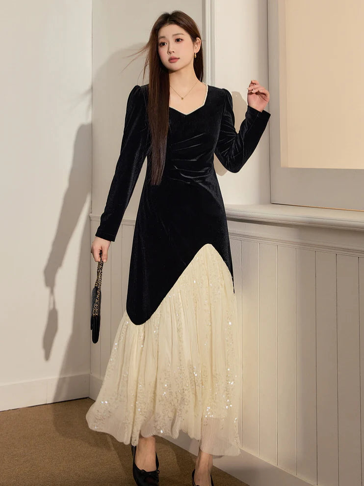 Ethereal Velvet Pearl-Collar Dress