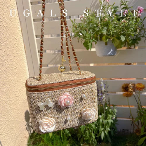 Flower Straw Woven Square Chain Bag