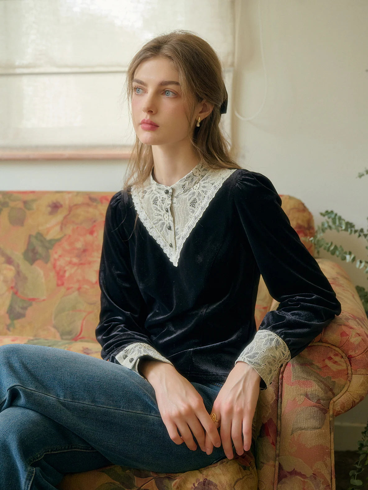 Victorian Lace Trim Black Velvet Blouse