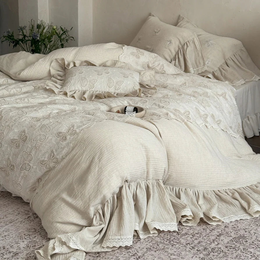 Ivory Butterfly Lace Ruffle Bedding Set