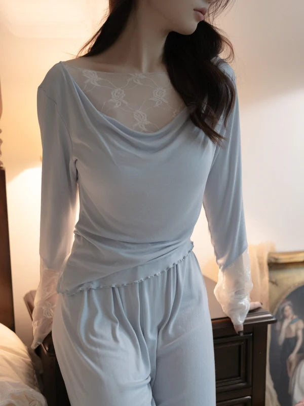 Blue Drape Rose Lace Loungewear
