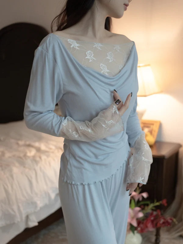 Blue Drape Rose Lace Loungewear