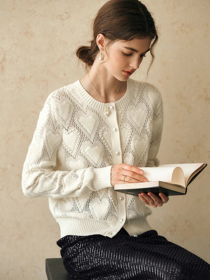 Heart Knit Pearl Button Cardigan