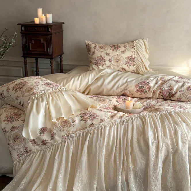 Vintage Cotton Embroidered Lace Bedding Set