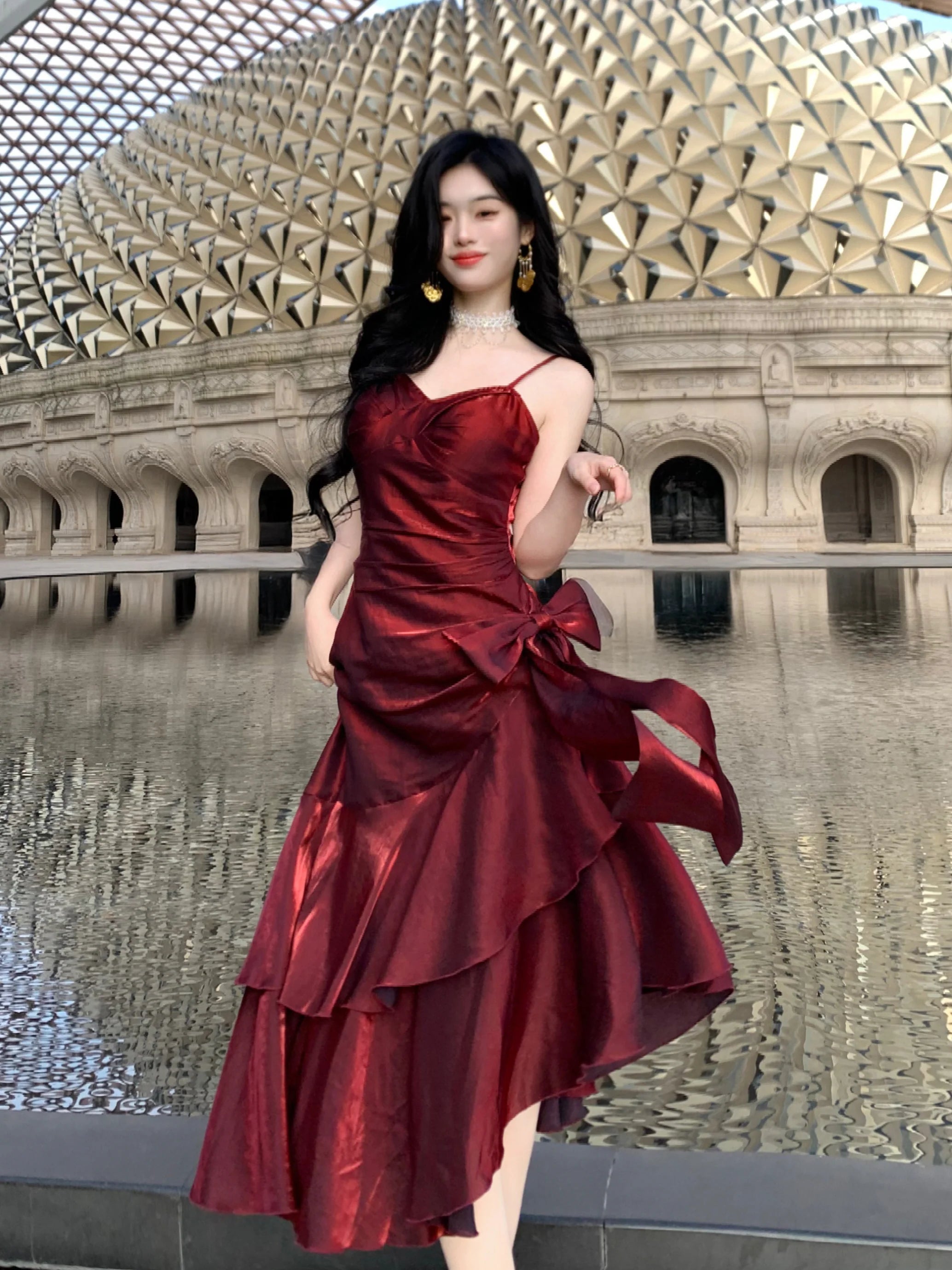 Crimson Elegance Mermaid Bow Dress