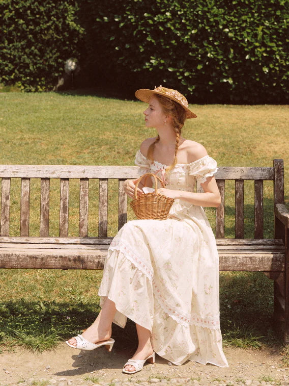 Vintage Rose Garden Lace-Up Off-Shoulder Dress