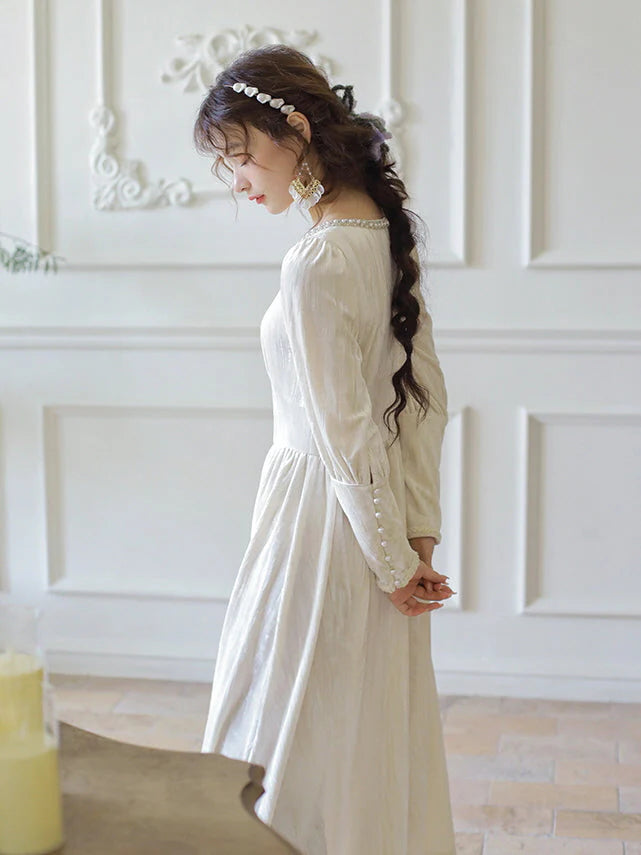 Elegant Pearl-Trimmed Ivory Long Dress
