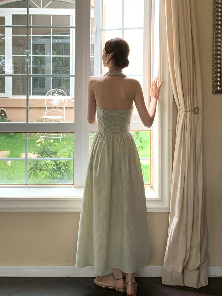 Romantic Green Gingham Halter Dress