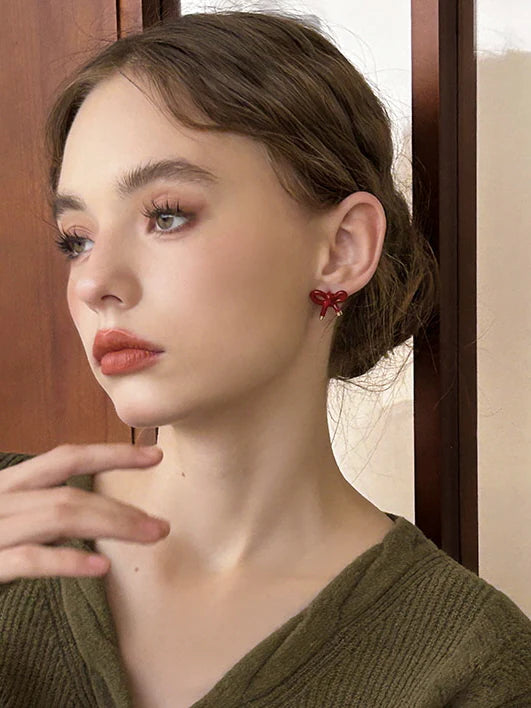 Vintage Red Ribbon Bow Earrings