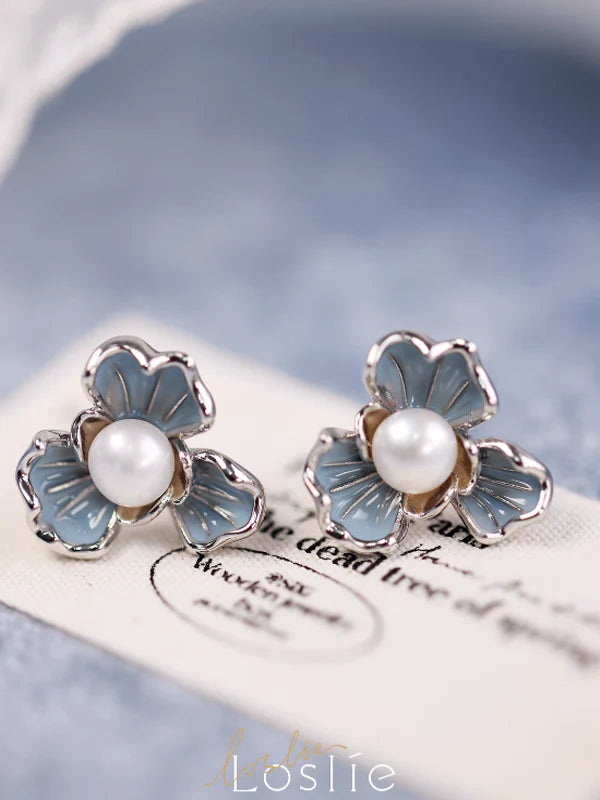 Natural Pearl Blue Flower Earrings