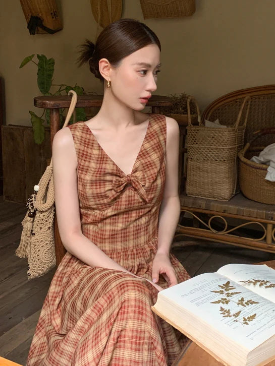 Summer Red Plaid Ribbon Dress