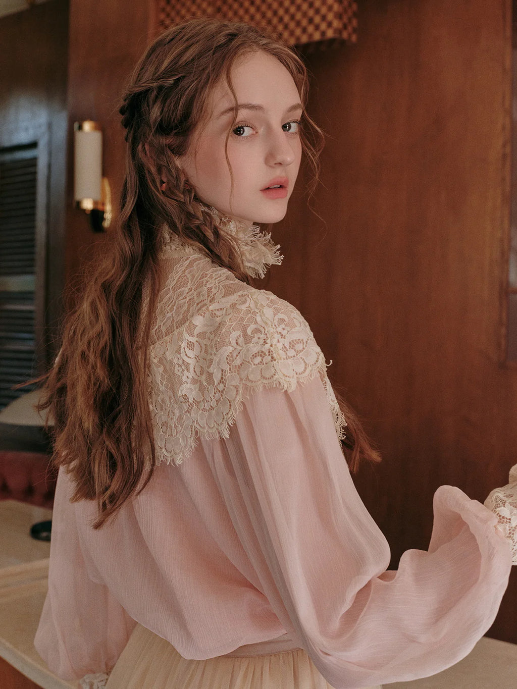 Vintage Lace Embellished Blush Pink Blouse